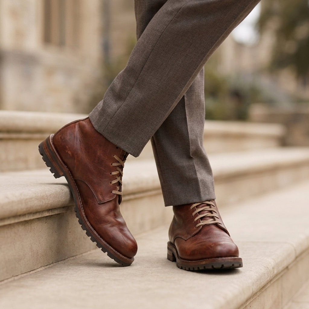 Men's classic black classic leather look lace-up boots with cushioned sole