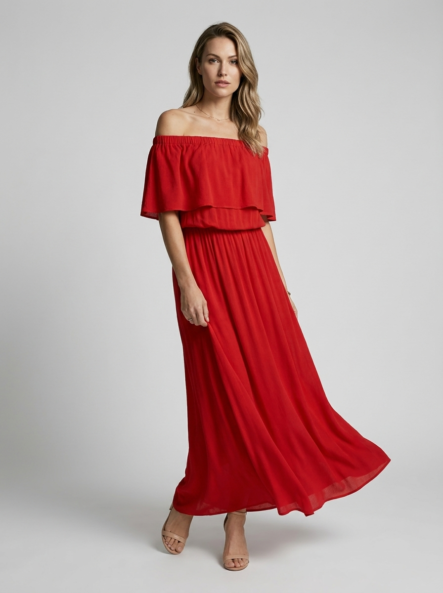 Women's white off-shoulder maxi dress with bardot neckline