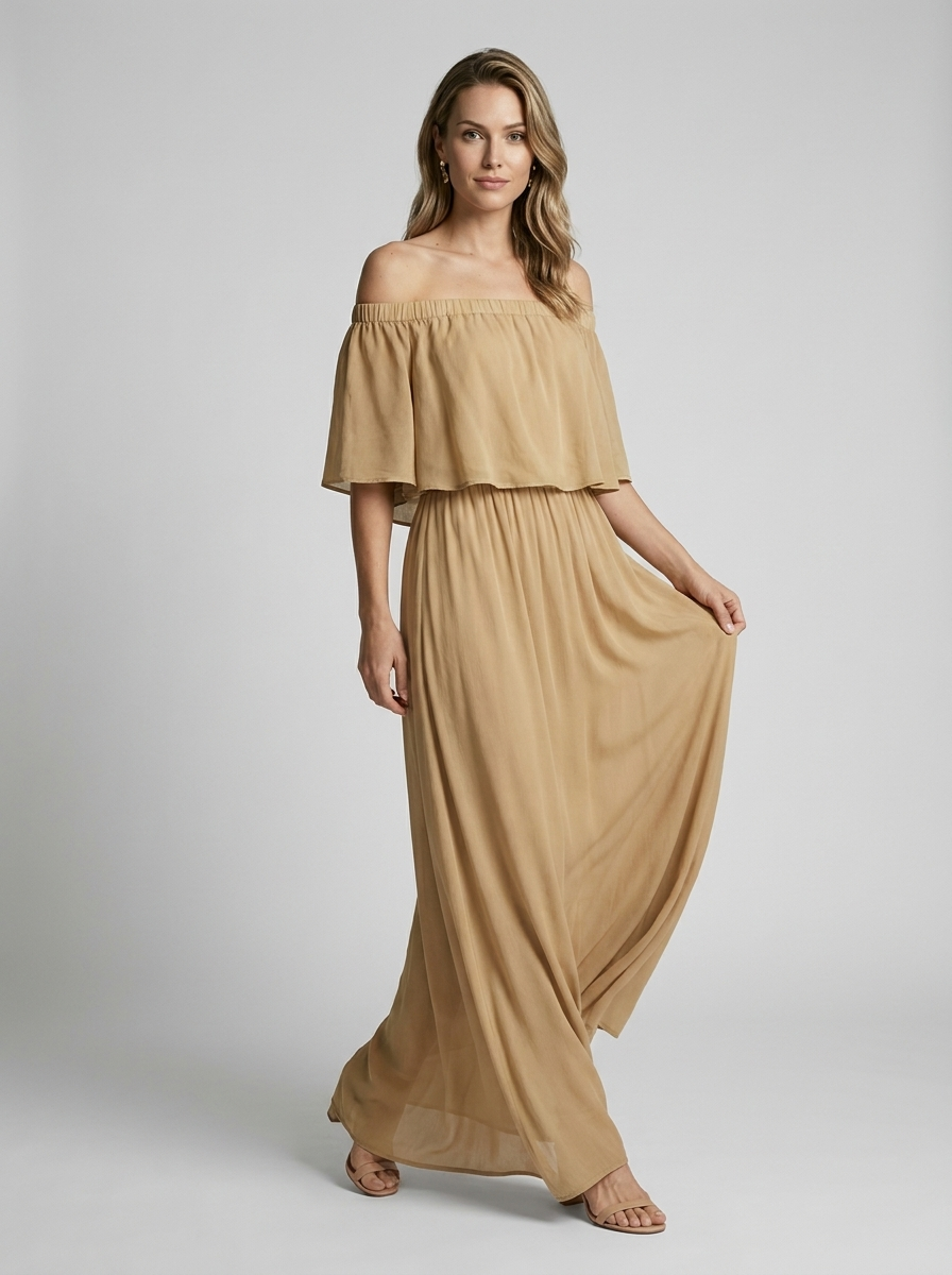 Women's white off-shoulder maxi dress with bardot neckline