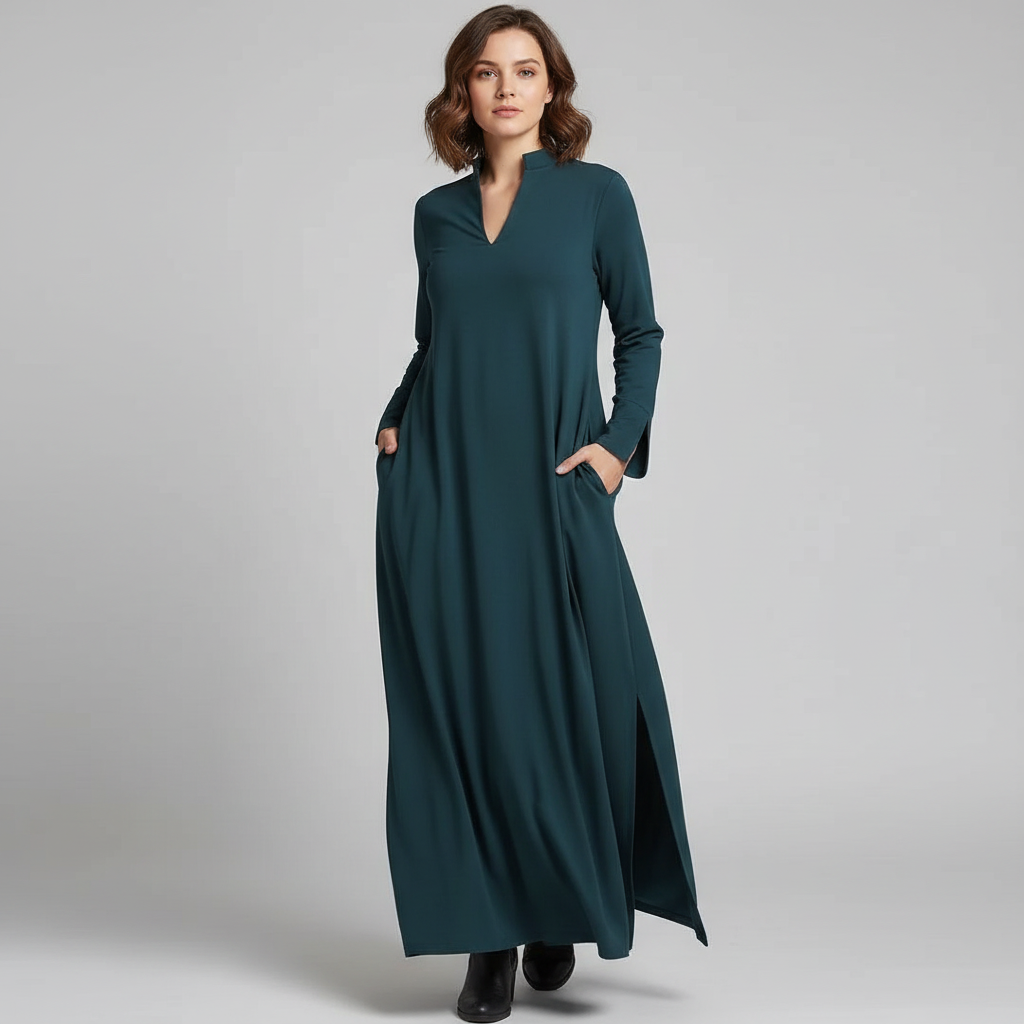 Women's black minimalist maxi dress with v-neck and collar