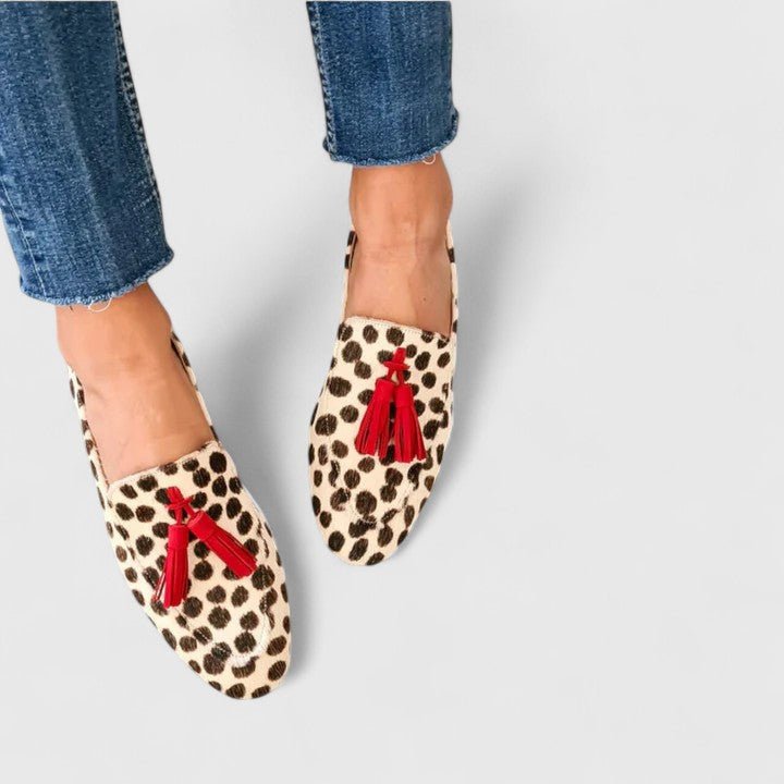 Women's beige leopard print tassel loafers with cushioned insole