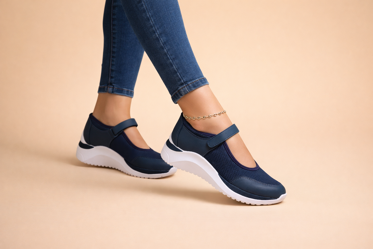 Women's white mary jane sneakers with buckled strap and mesh upper