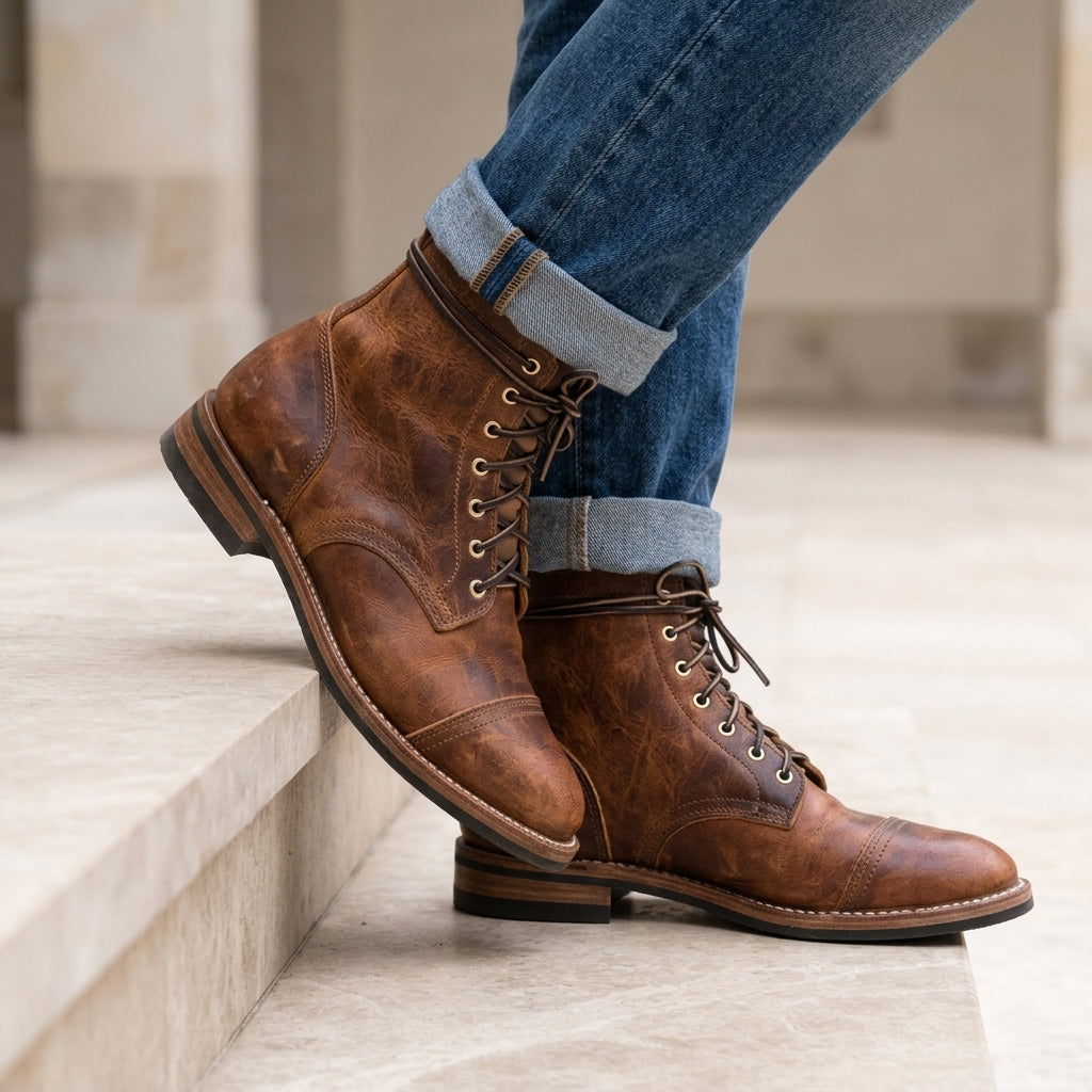 Men's espresso brown rugged leather look lace-up boots with non-slip sole
