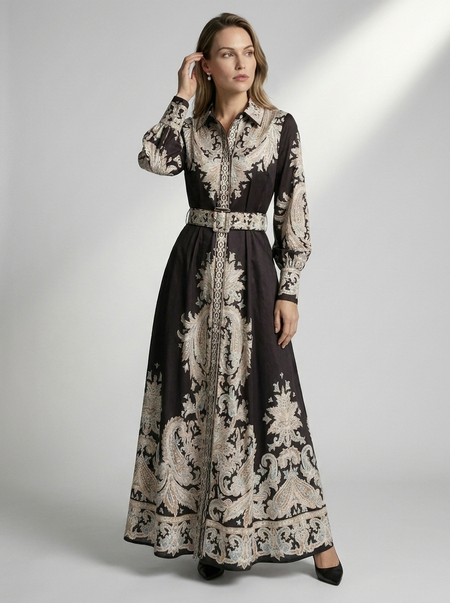Women's blue printed a-line dress with tie belt and fitted bodice