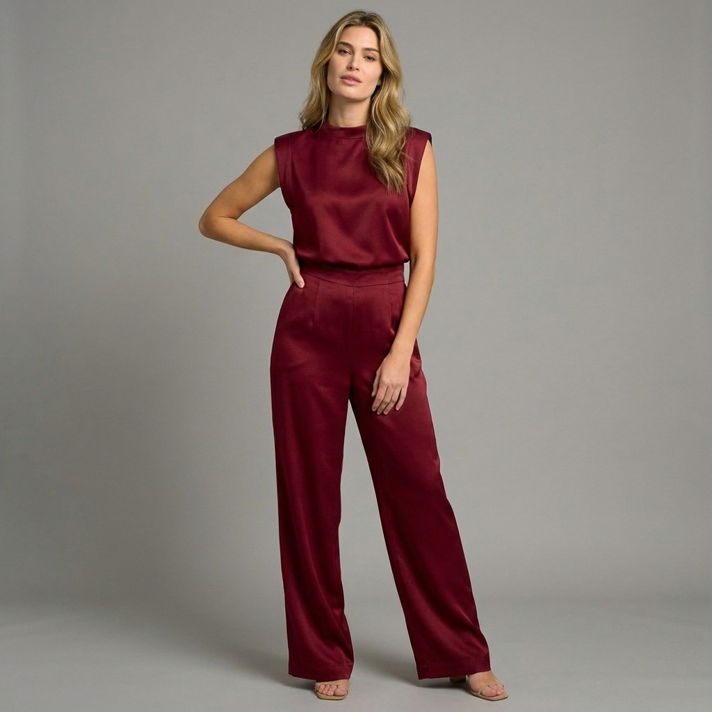 Women's light brown satin jumpsuit with wide leg and open back