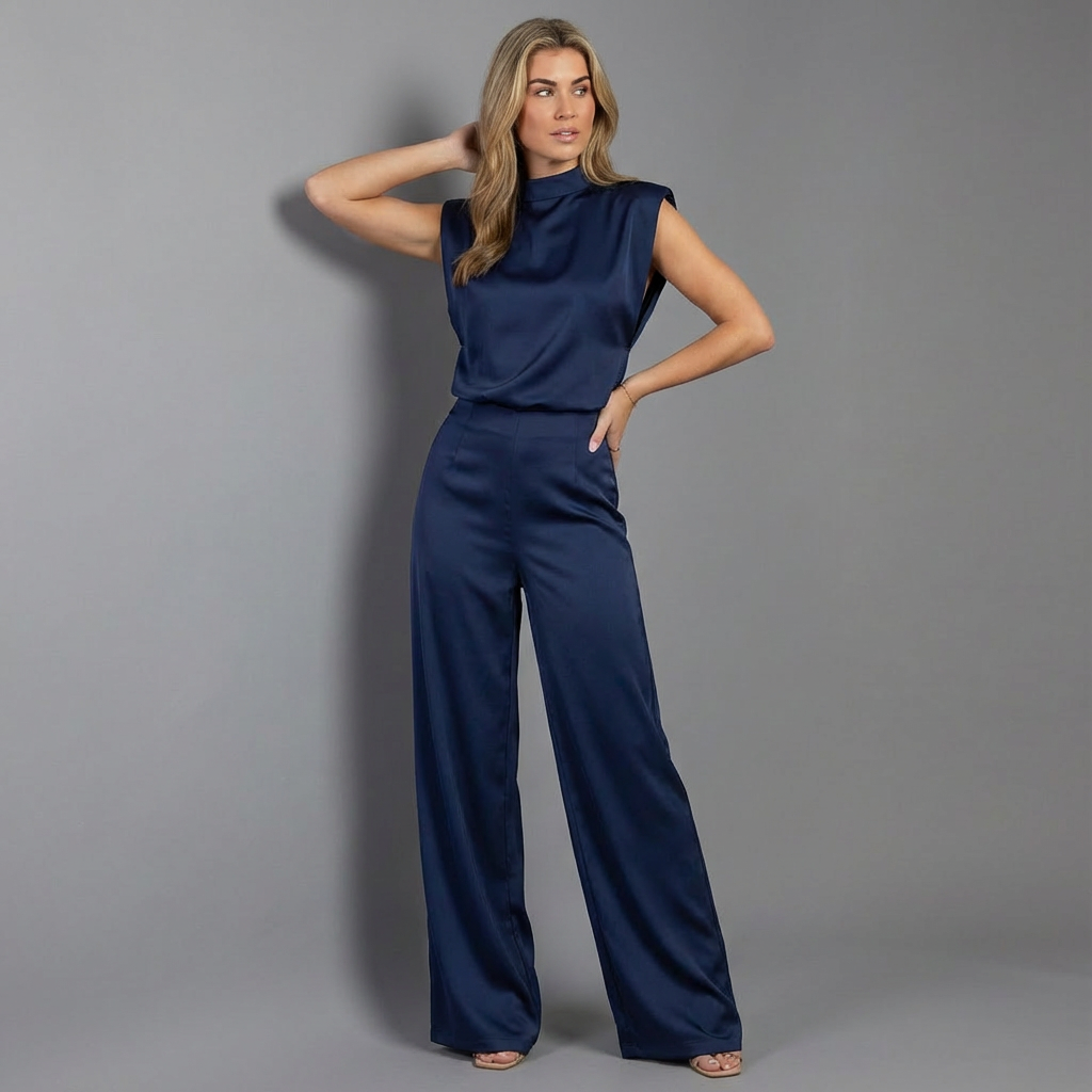 Women's burgundy satin jumpsuit with wide leg and open back