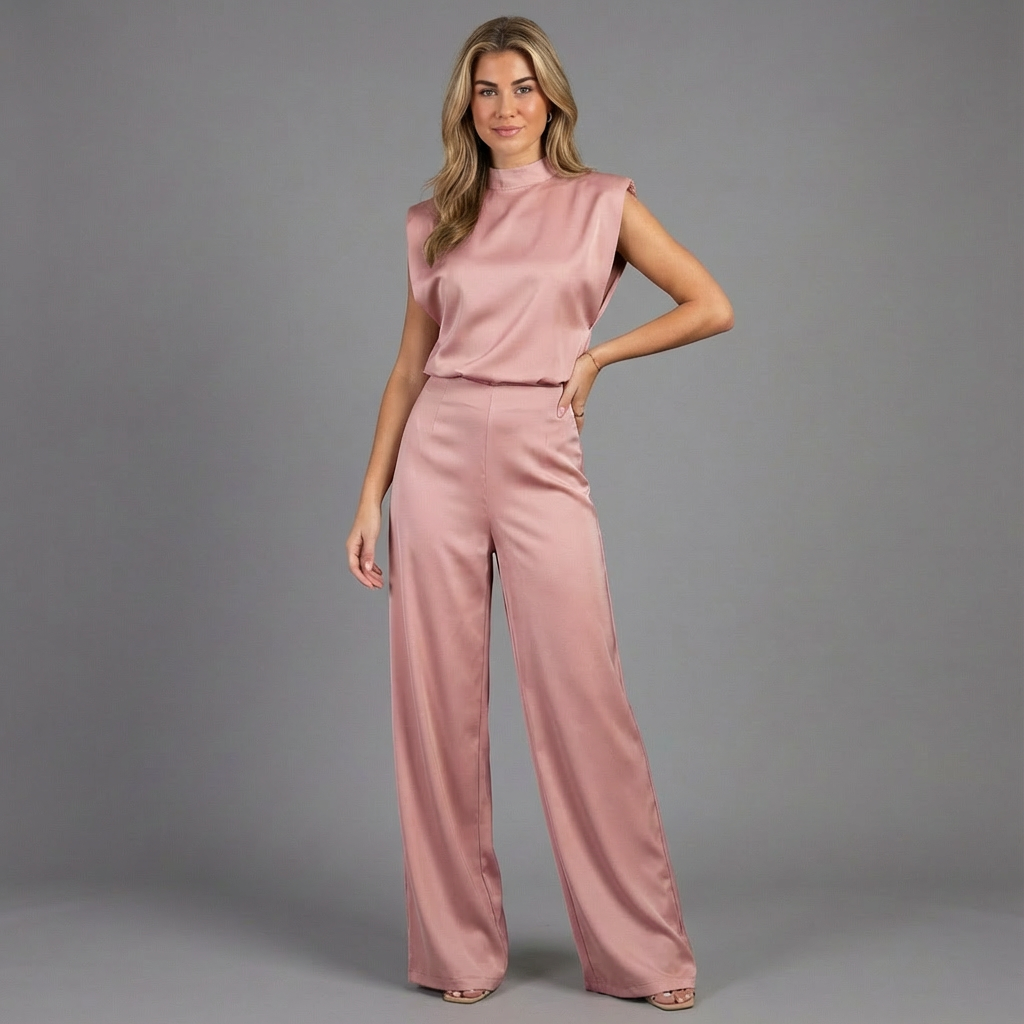 Women's burgundy satin jumpsuit with wide leg and open back