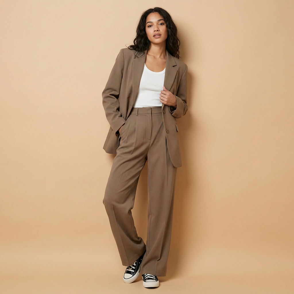 Women's khaki blazer and trouser two piece set with tailored fit