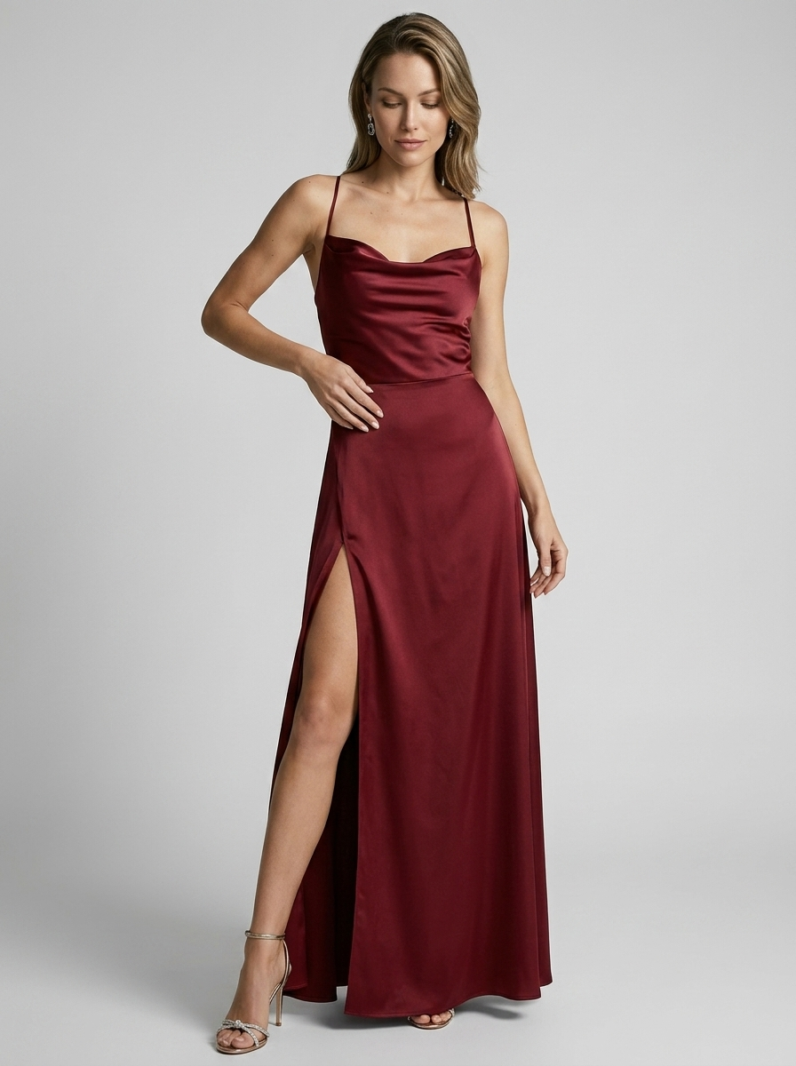 Women's blue satin maxi dress with high slit and open back