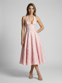 Celeste | Women's Jacquard Midi Dress with Halterneck for Formal Occasion Wear