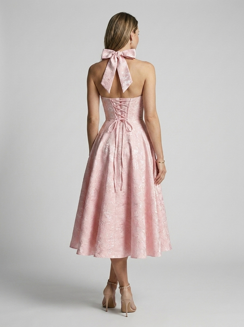 Women's pink jacquard midi dress with halterneck and fitted bodice