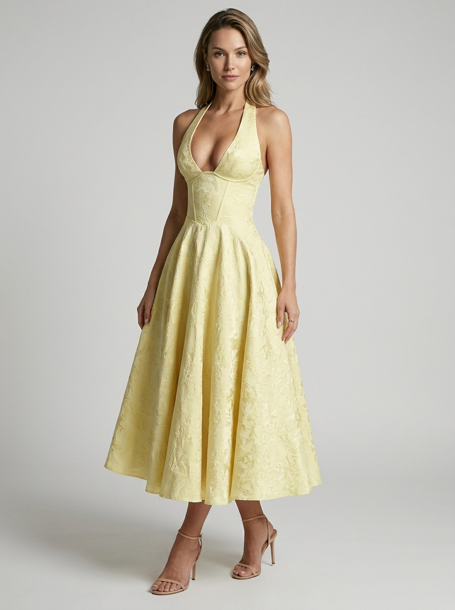 Women's pink jacquard midi dress with halterneck and fitted bodice