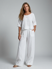 Lara | Women's Linen Two Piece Set with Wide Leg Trousers and Short Sleeve Top