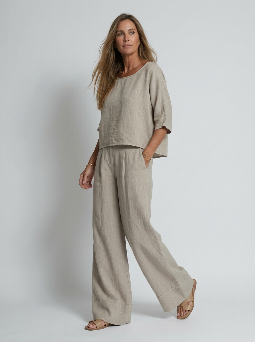 Women's white linen two piece set with wide leg trousers
