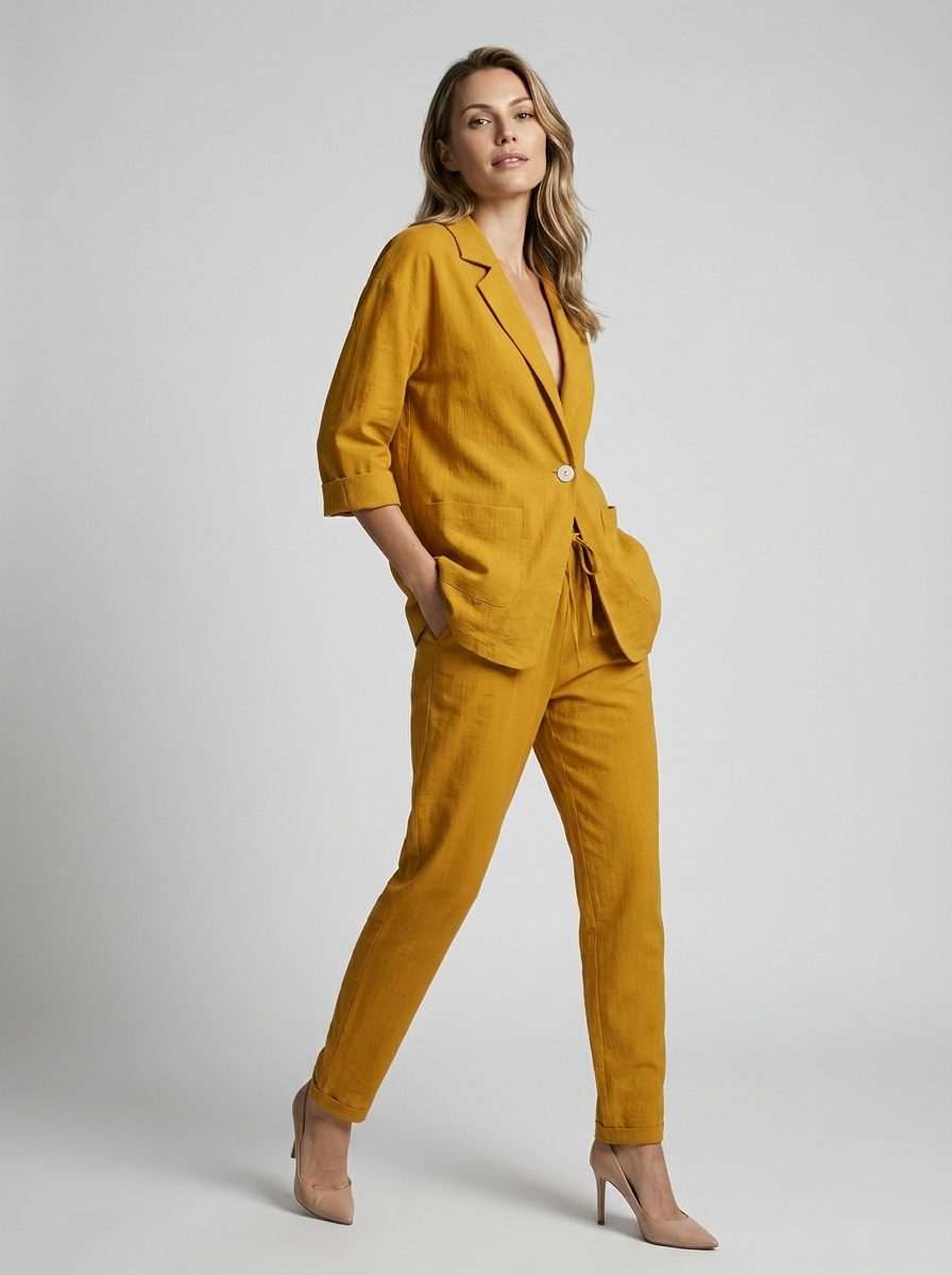 Women's blue linen jumpsuit with wide leg and relaxed fit