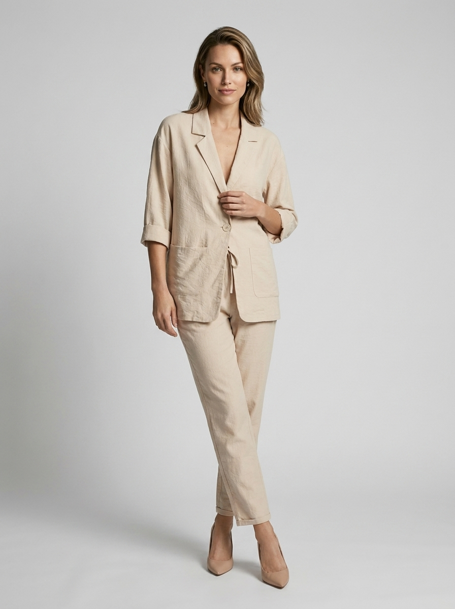 Women's blue linen jumpsuit with wide leg and relaxed fit