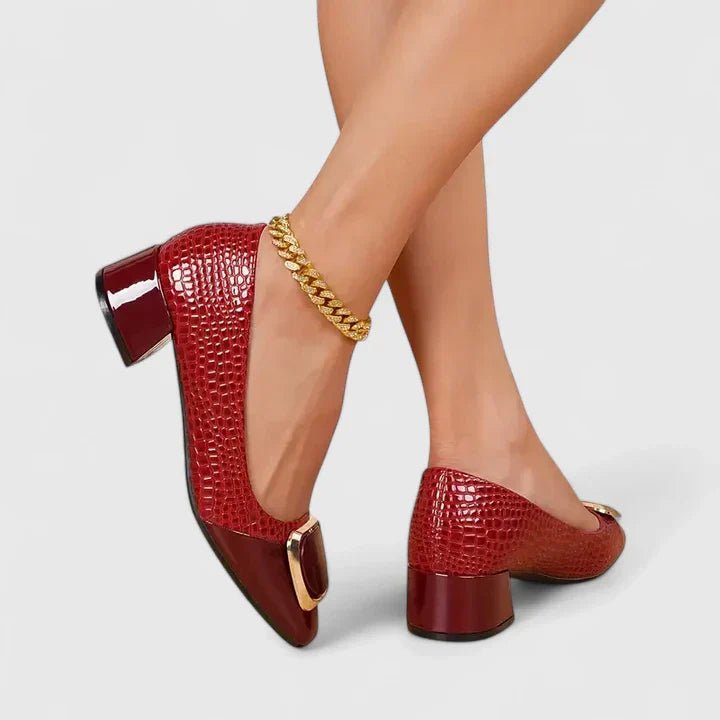 Women's brown croc-embossed block heel loafers with square toe