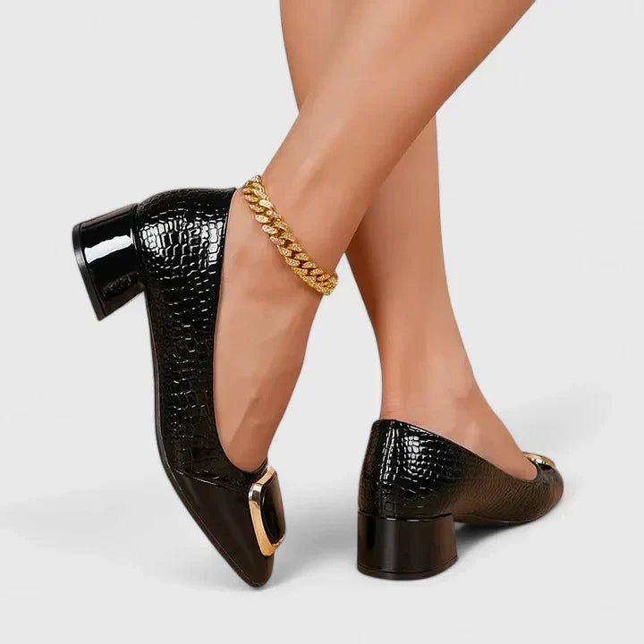 Women's brown croc-embossed block heel loafers with square toe