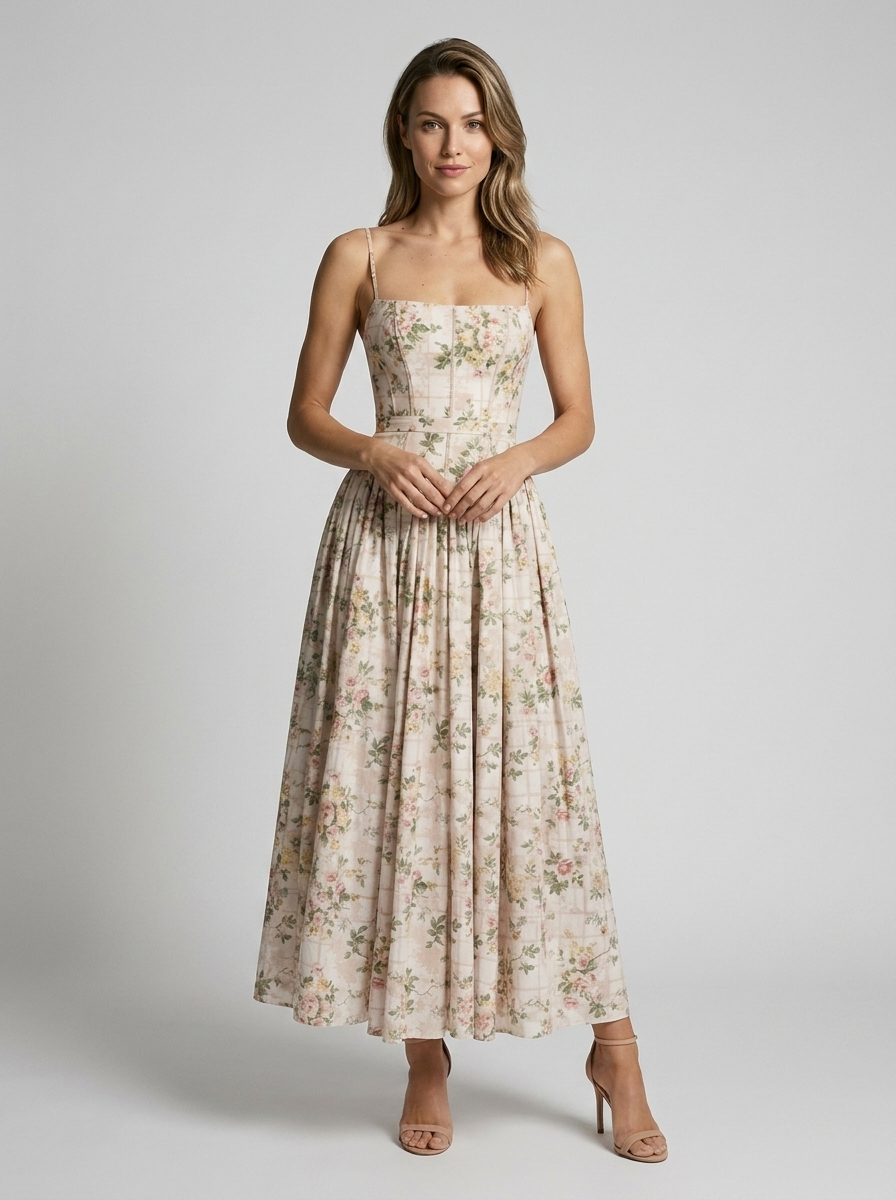 Women's white and purple floral corset midi dress with sweetheart neckline
