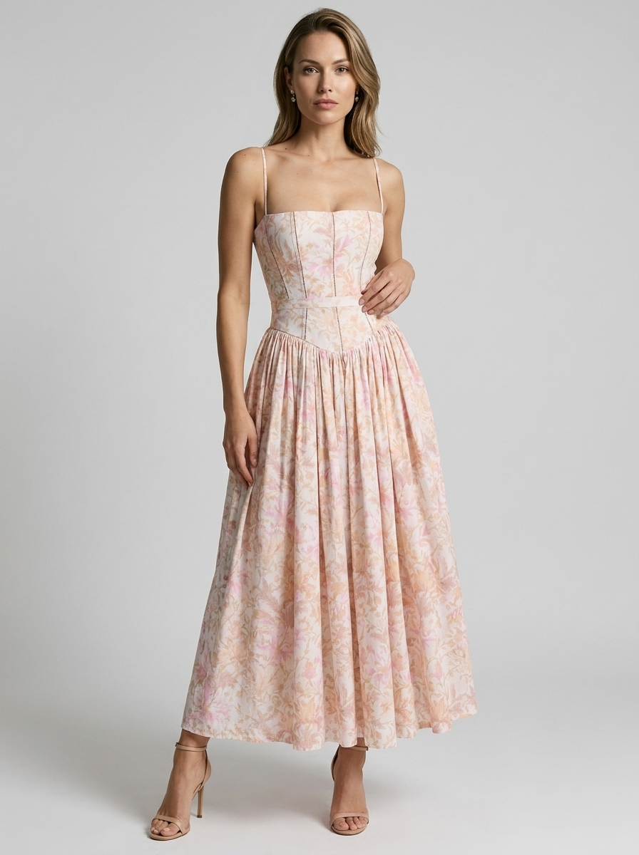 Women's cream floral corset midi dress with sweetheart neckline