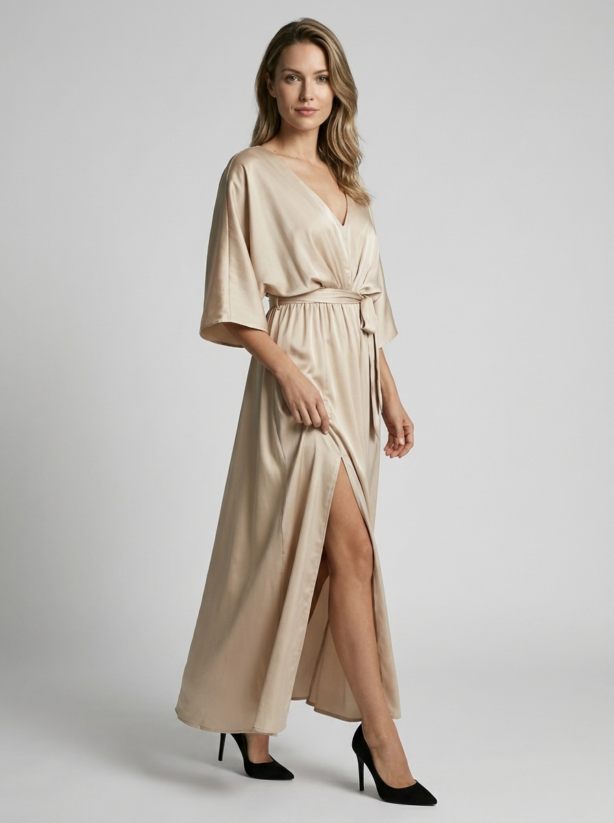 Women's green v-neck maxi dress with side slit and tie belt