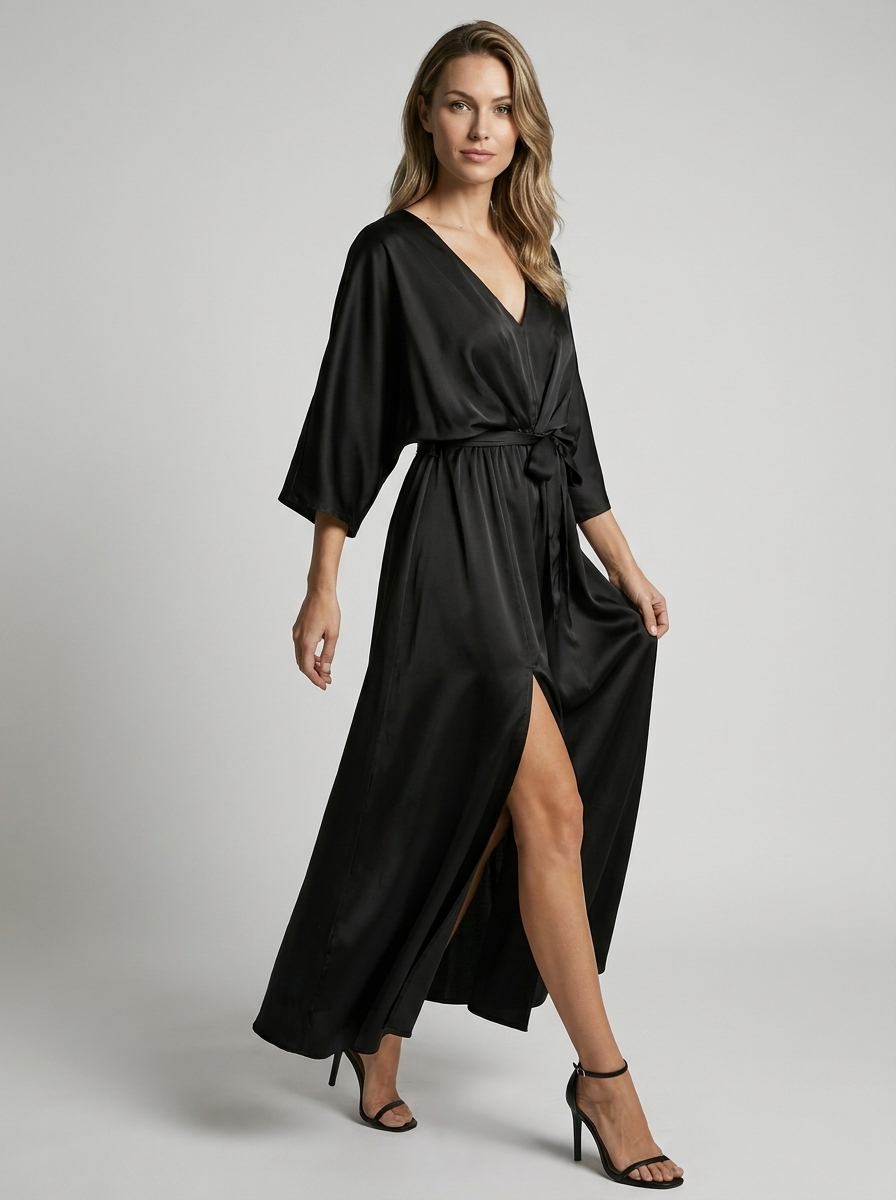Women's green v-neck maxi dress with side slit and tie belt