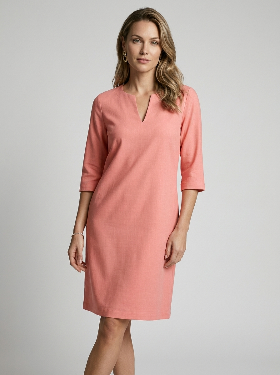 Women's blue minimalist midi dress with v-neck and three-quarter sleeves