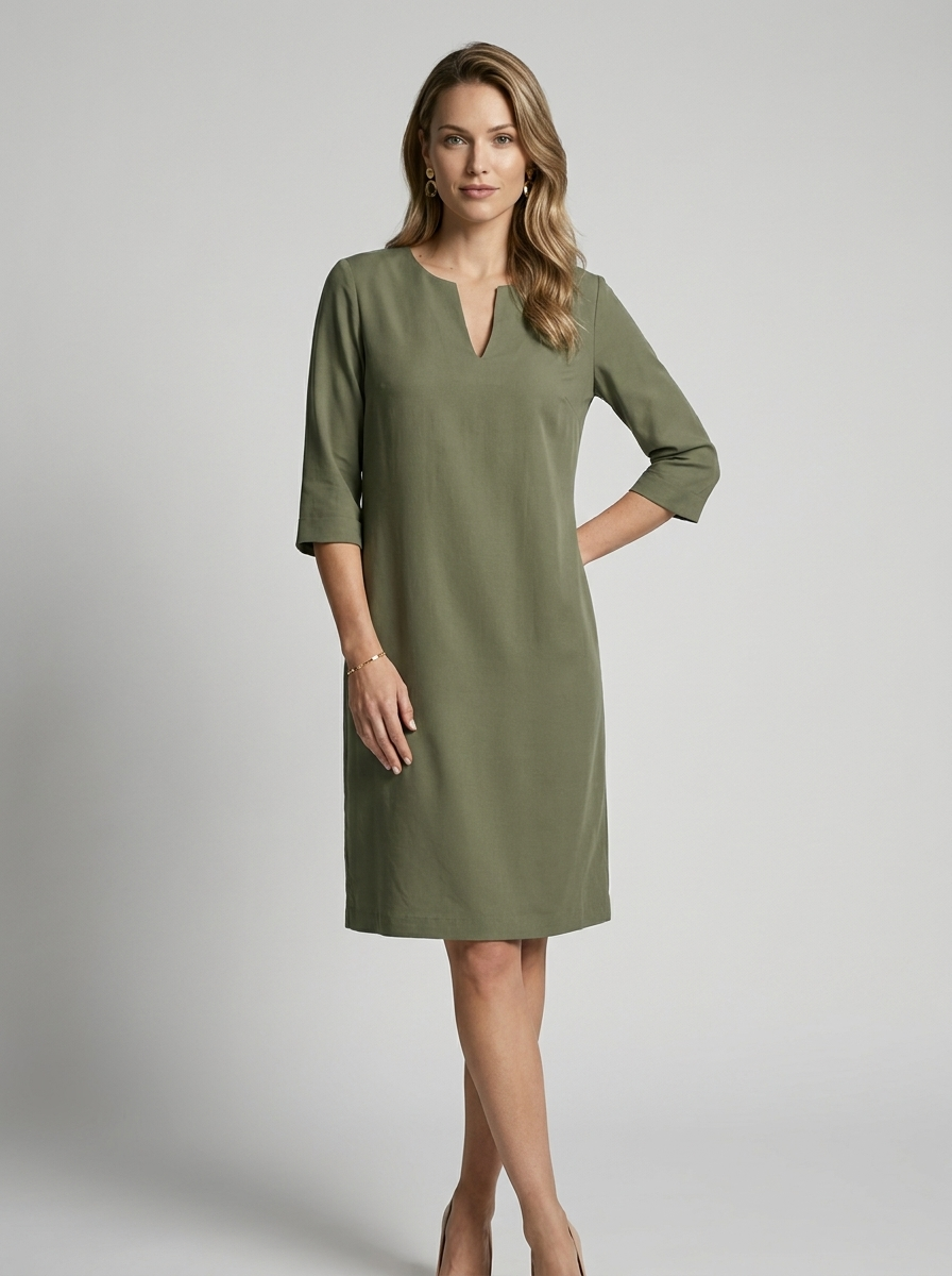 Women's blue minimalist midi dress with v-neck and three-quarter sleeves