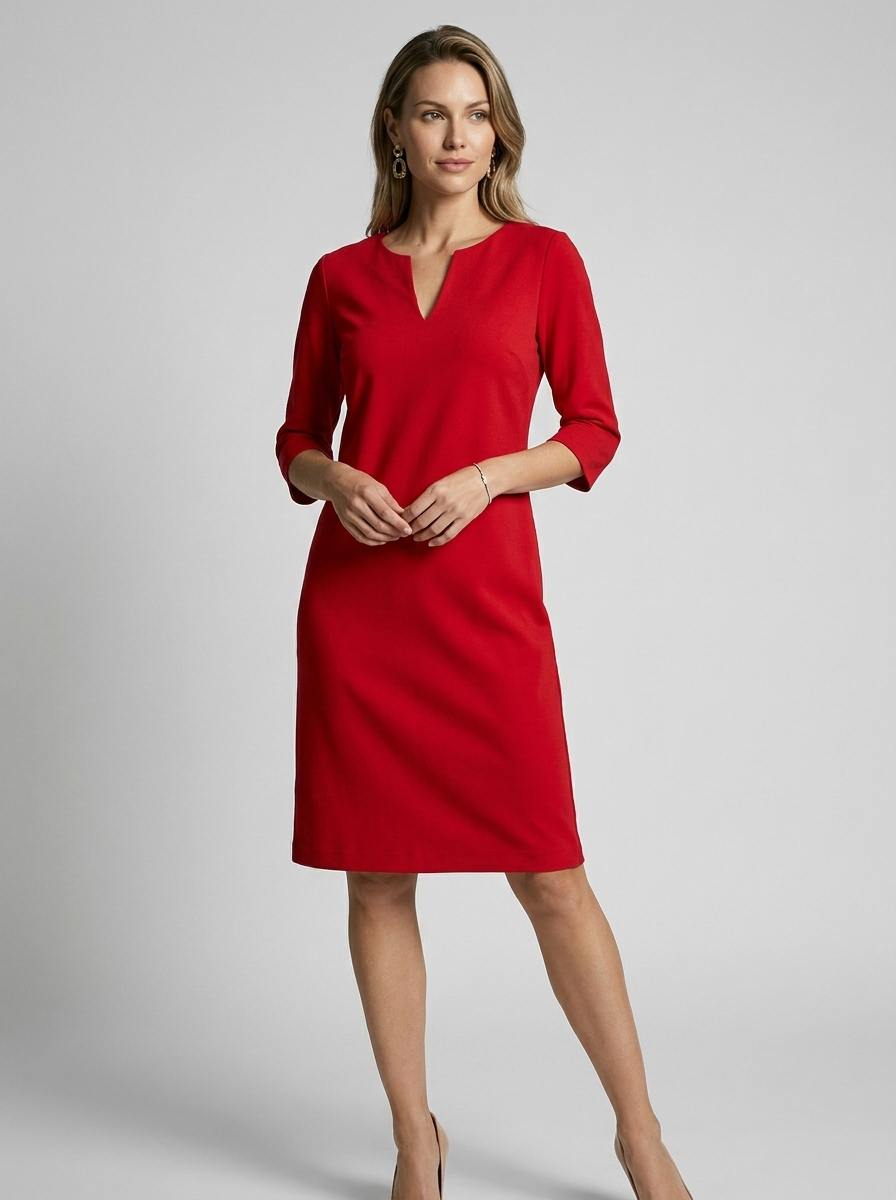 Women's pink minimalist midi dress with v-neck and three-quarter sleeves