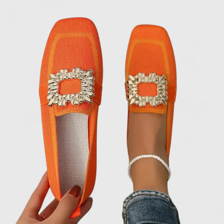 Women's beige cushioned slip-on loafers with almond toe