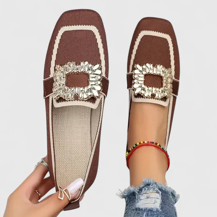 Women's beige cushioned slip-on loafers with almond toe