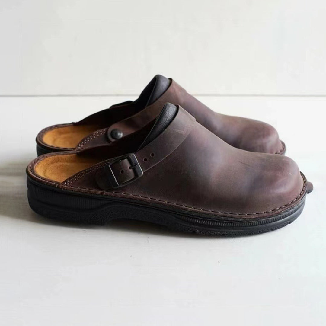 Men's brown faux leather moccasin slippers with non-slip sole