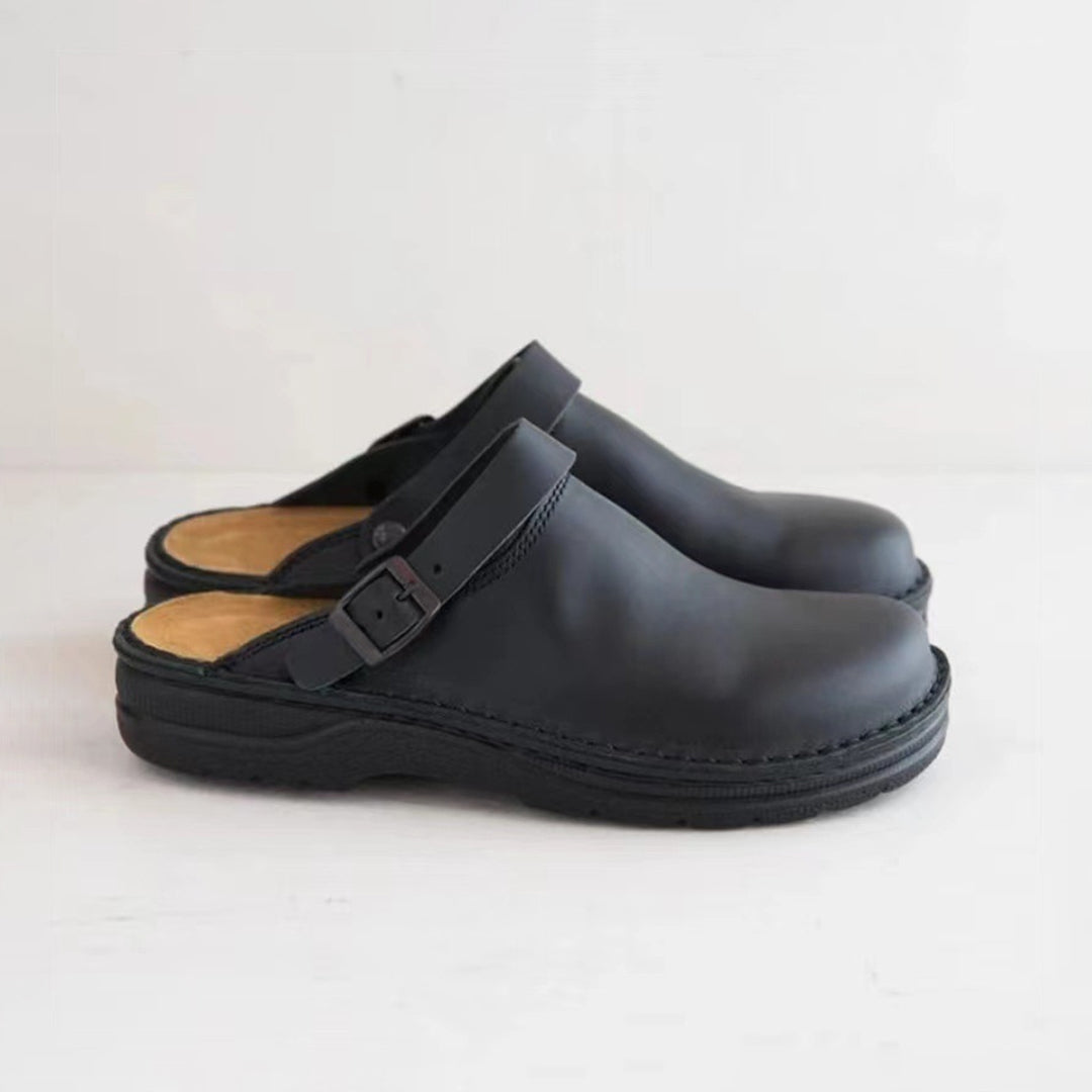 Men's brown faux leather moccasin slippers with non-slip sole