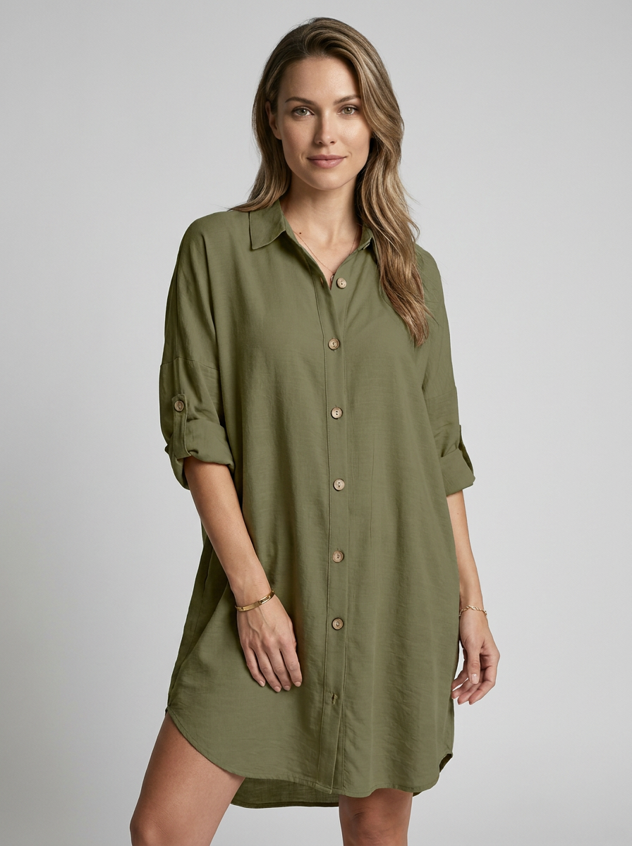 Women's white long sleeve shirt dress with notched collar