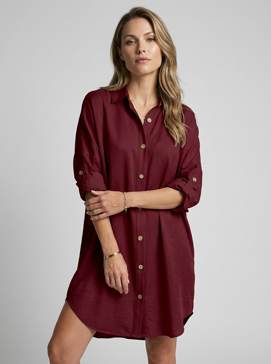 Women's black long sleeve shirt dress with notched collar