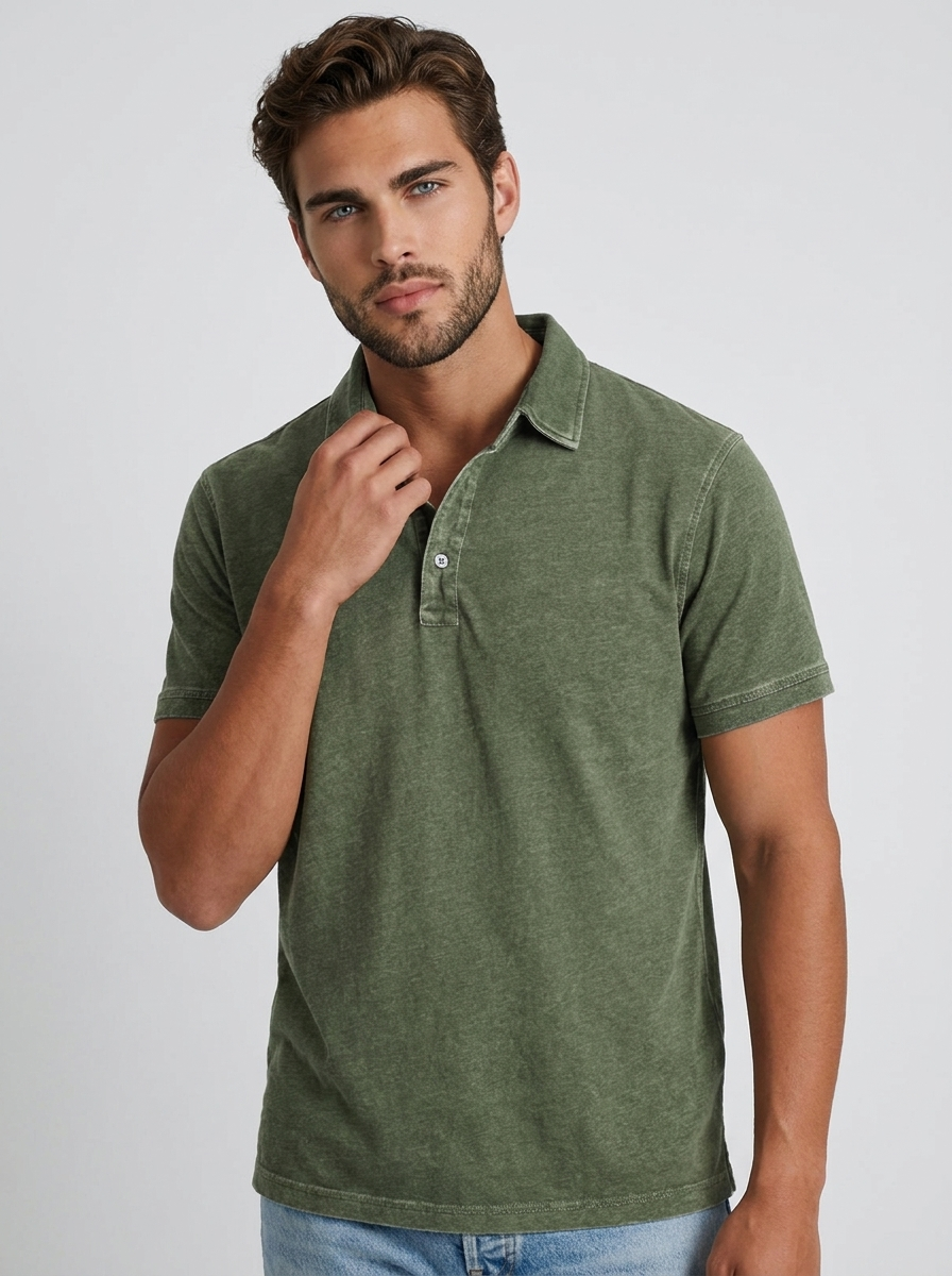 Men's green casual polo shirt with vintage wash finish