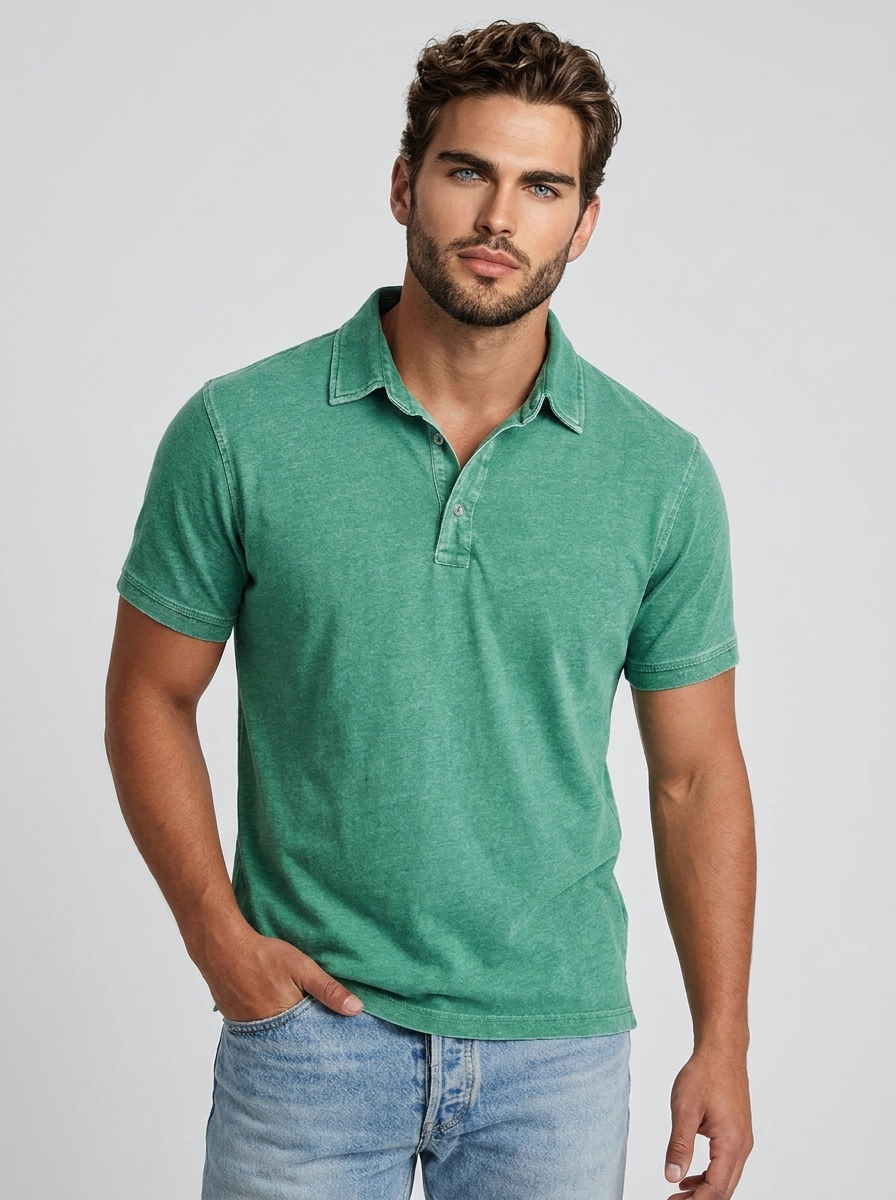 Men's blue casual polo shirt with vintage wash finish