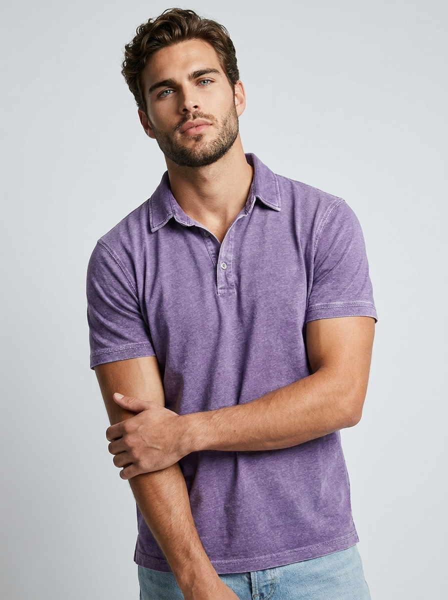 Men's blue casual polo shirt with vintage wash finish