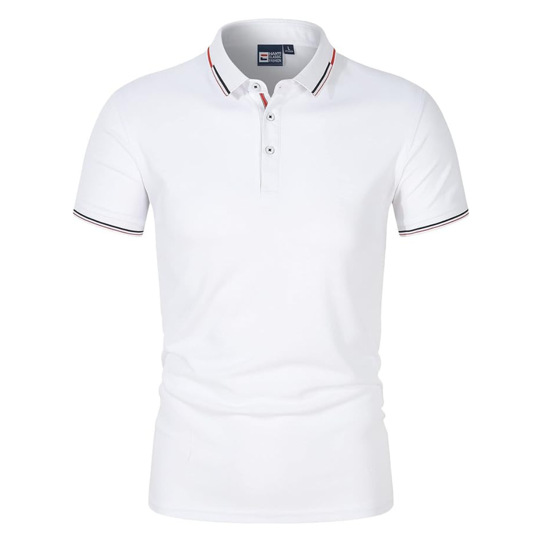 Men's black cotton polo shirt with contrast trim and ribbed collar
