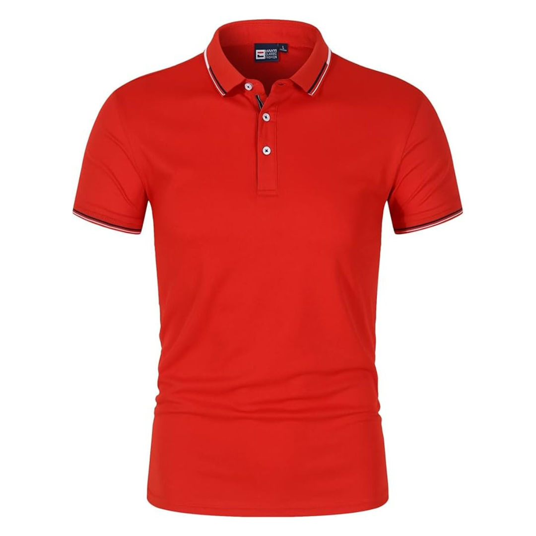Men's black cotton polo shirt with contrast trim and ribbed collar