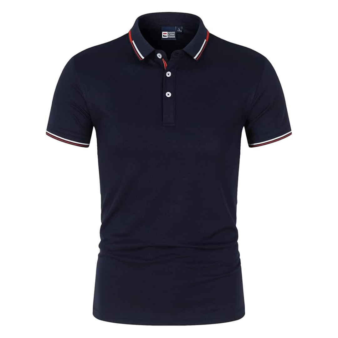 Men's black cotton polo shirt with contrast trim and ribbed collar