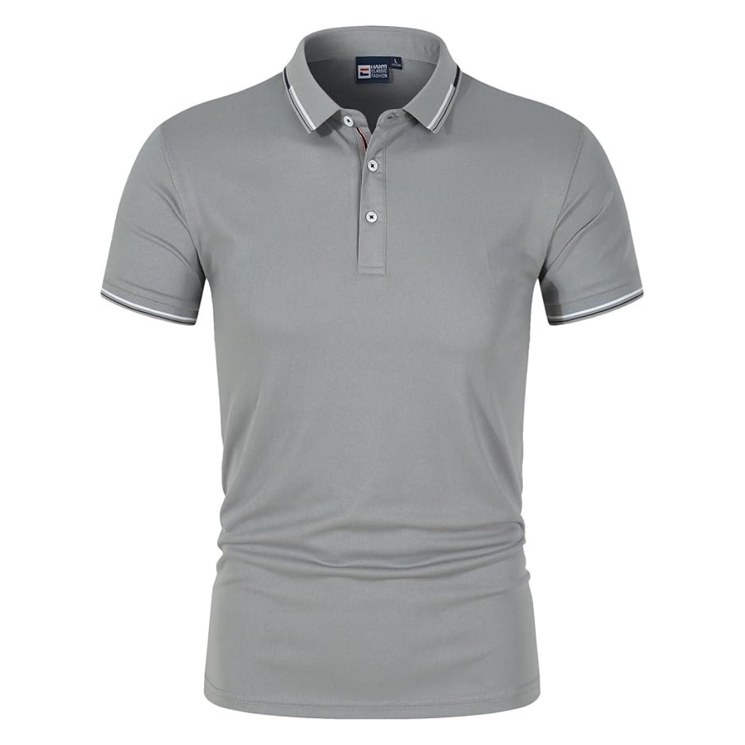 Men's blue cotton polo shirt with contrast trim and ribbed collar