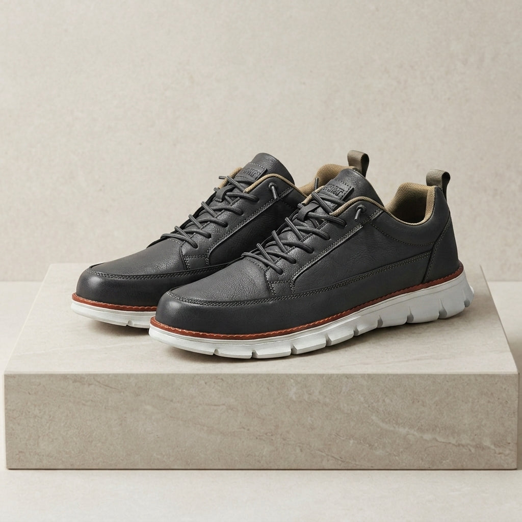 Men's midnight navy leather look casual sneakers with lace-up front