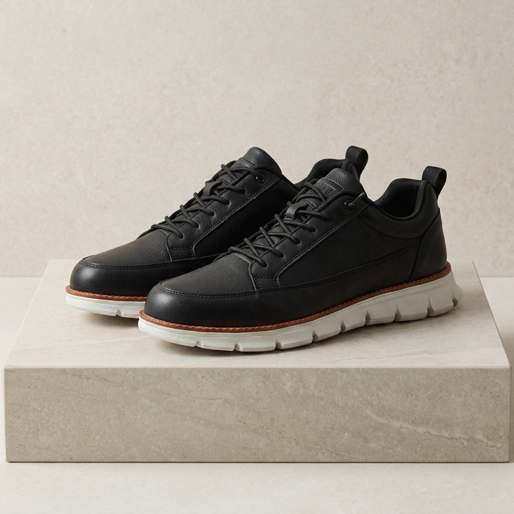 Men's midnight navy leather look casual sneakers with lace-up front