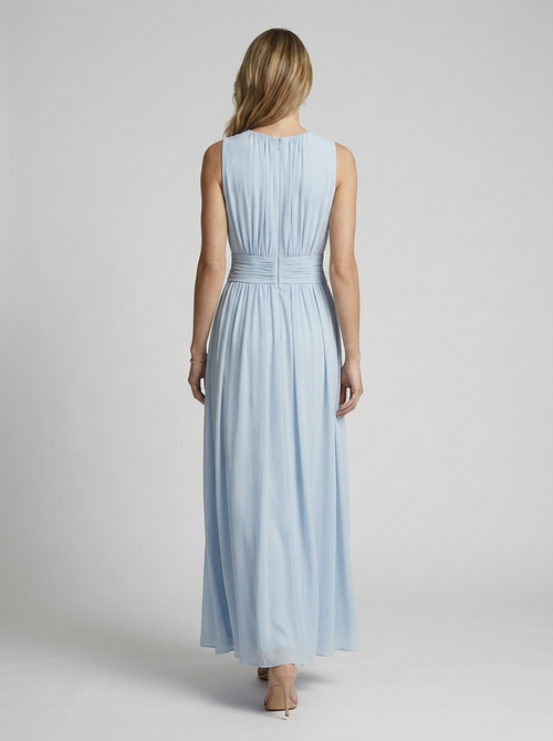 Women's light blue flowing sleeveless maxi dress with defined waist