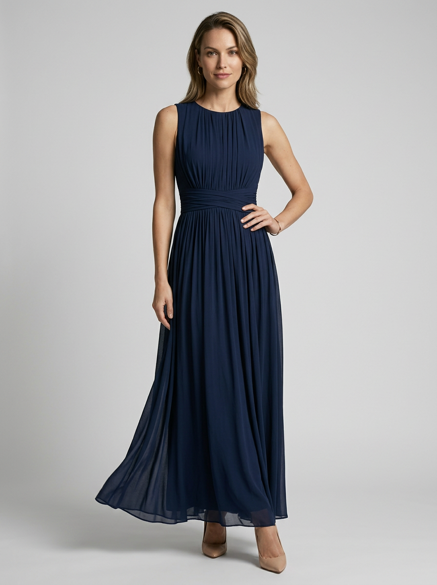 Women's light blue flowing sleeveless maxi dress with defined waist