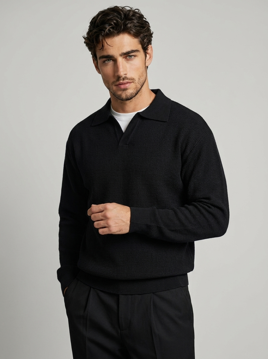 Men's grey long sleeve knitted polo shirt with ribbed collar