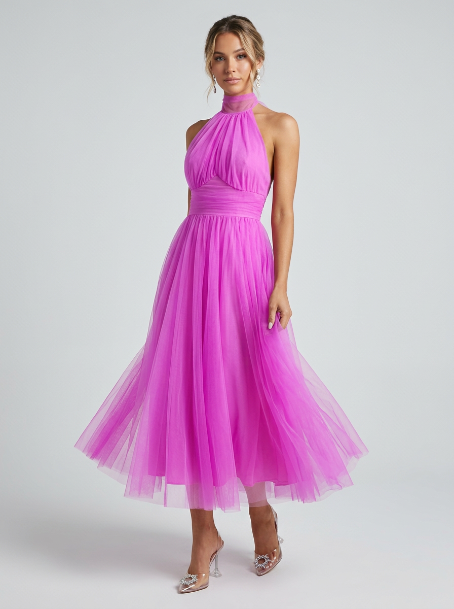 Women's purple halterneck maxi dress with open shoulders