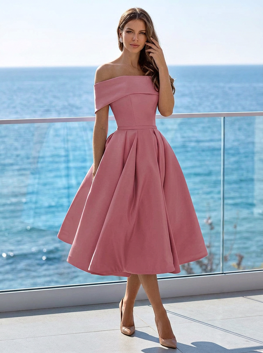 Women's sky blue off-shoulder midi dress with flared skirt