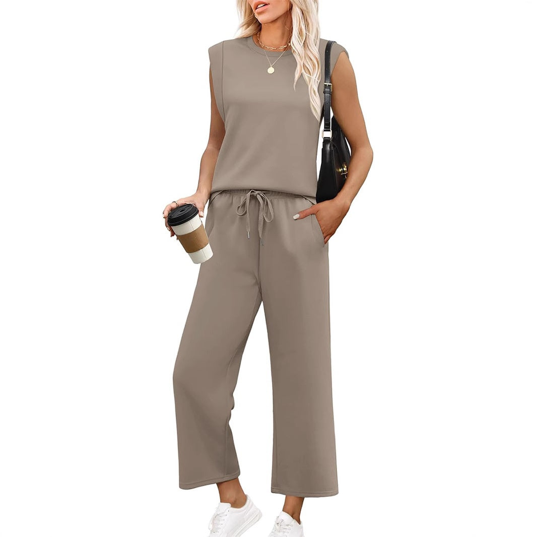 Women's blue sleeveless lounge set with matching top and bottoms